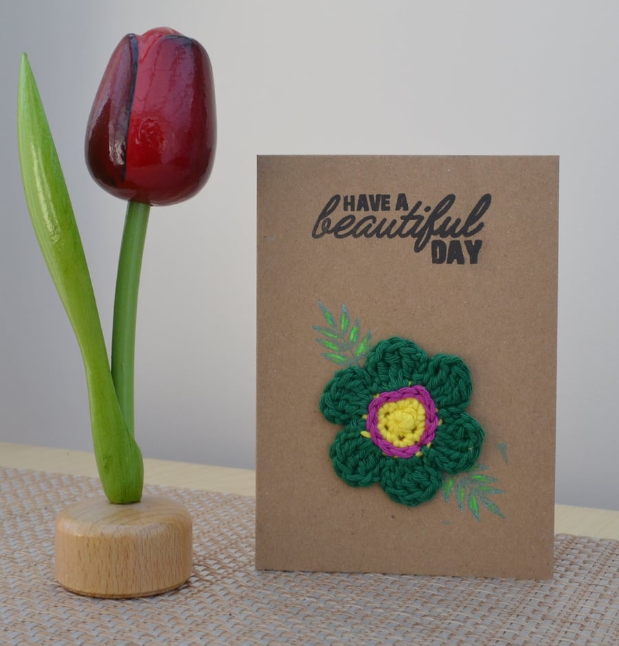 Greeting card with green crochet flower - No. 20