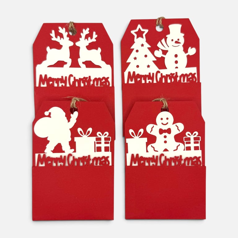 Handmade Christmas Gift Tags, Slide In Message Tags, Red Set of 4