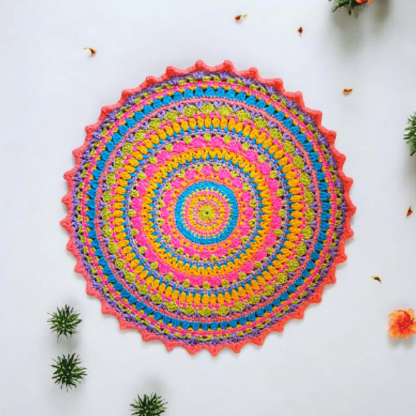Large, bright crochet mandala doily table mat