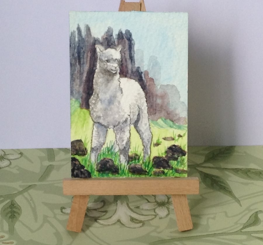  Aceo Alpaca watercolour painting