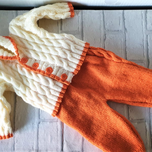 Baby's Hand Knitted Outfit, Cable Knit Cardigan & Leggings,
