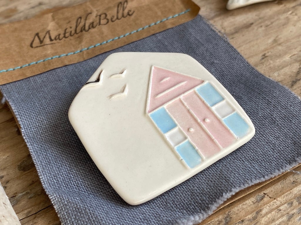 Brooch Beach Hut Handmade Pottery Pink and Blue
