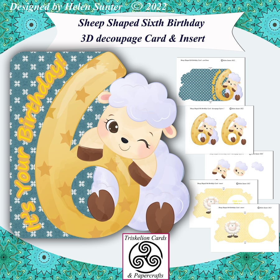 Printable Sheep Shaped 3D Decoupage Sixth Birthday Card Making Kit
