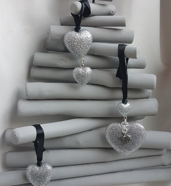 Gorgeous Double Silver Heart Shaped Tree Decorations - Set of 3.