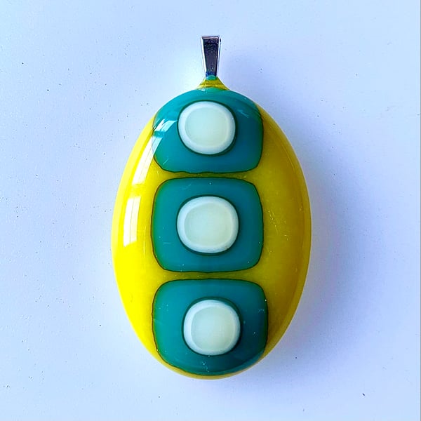 Yellow and Teal Dot Oval Pendant Necklace 