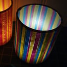 Stripy design collaged-paper lantern with LED candle (blues and greens)