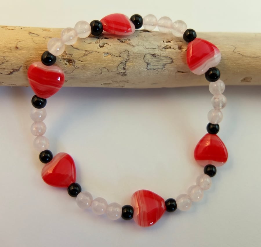 Red And White Glass Heart, Rose Quartz and Onyx Bracelet - Seconds Sunday.