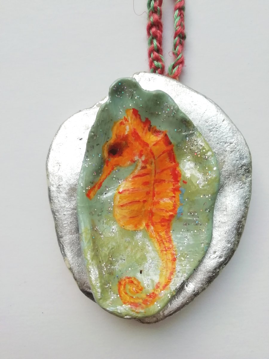 Seahorse, painted shell hanging