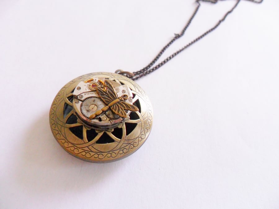Steampunk Dragonfly Time Flies Locket