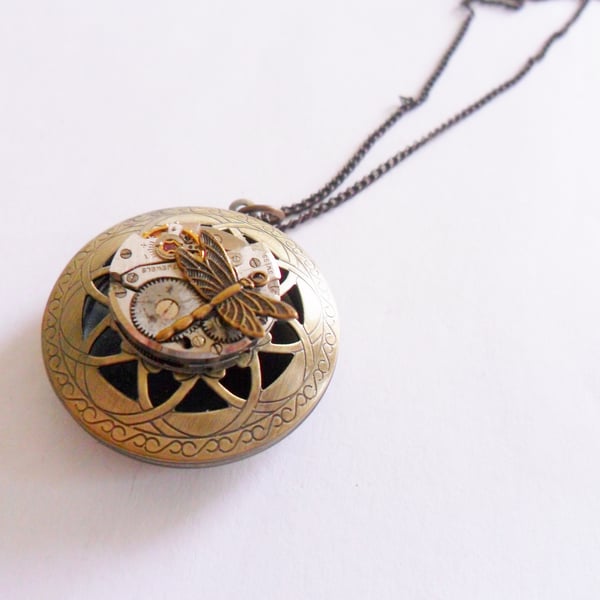 Steampunk Dragonfly Time Flies Locket