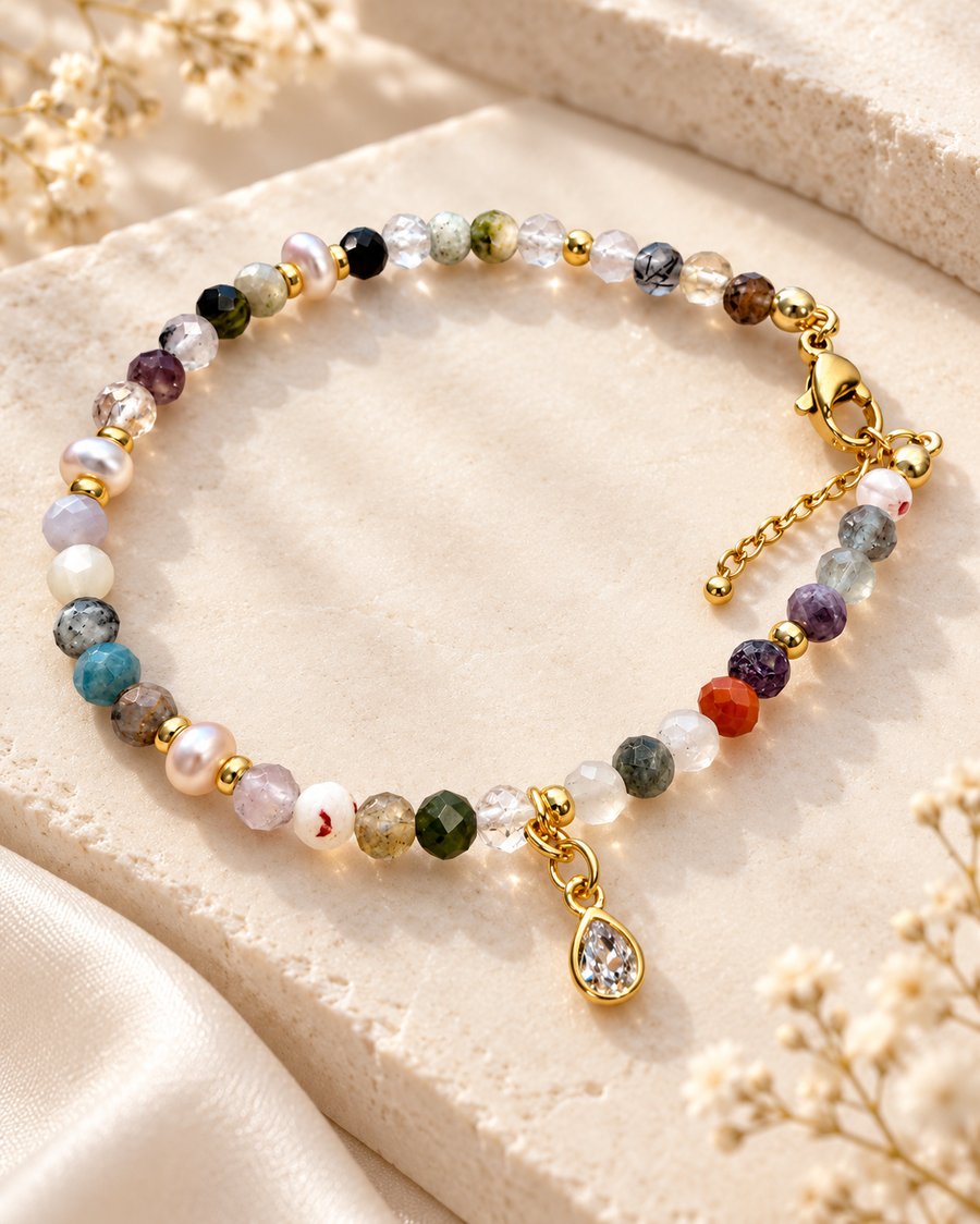 Handmade Natural Gemstone & Pearl Bracelet – 14K Gold Plated Steel