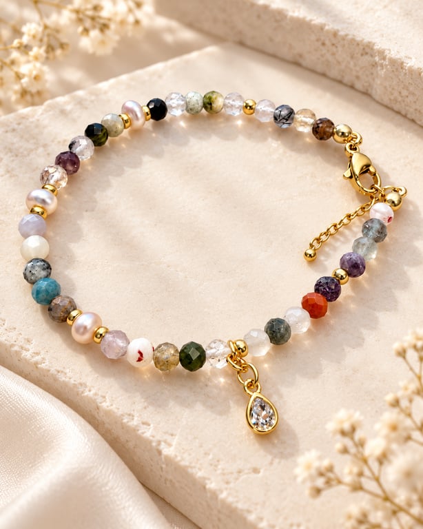 Handmade Natural Gemstone & Pearl Bracelet – 14K Gold Plated Steel