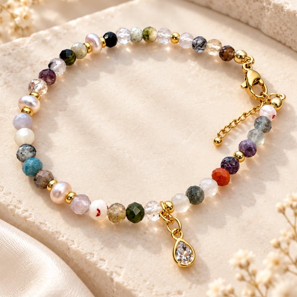 Handmade Natural Gemstone & Pearl Bracelet – 14K Gold Plated Steel