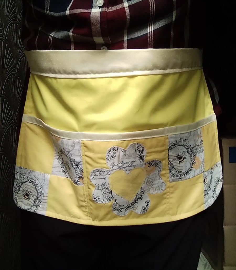 Bees Cotton Utility Apron, Yellow Tie Waist Three Pocket Patchwork, Handmade