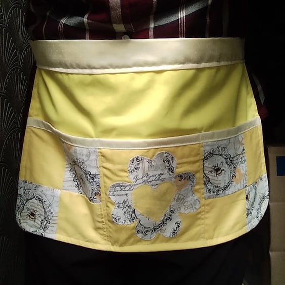 Bees Cotton Utility Apron, Yellow Tie Waist Three Pocket Patchwork, Handmade