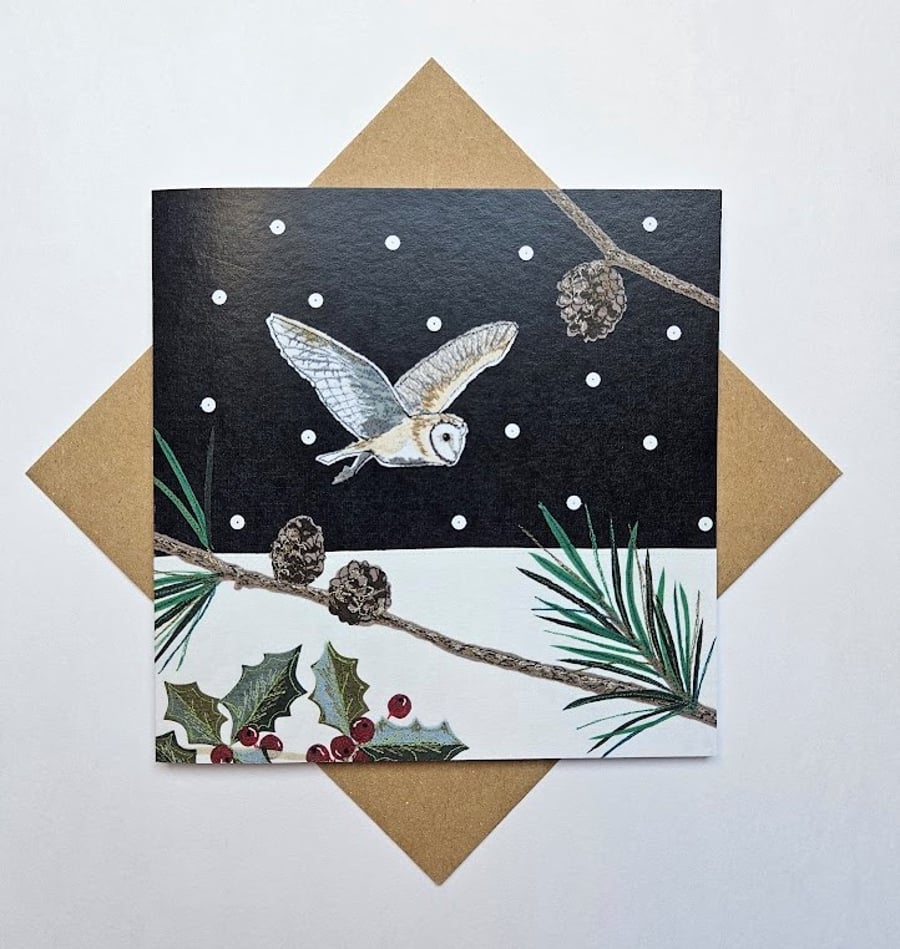 Barn owl in Snowy Scene, Christmas card, Winter birthday, holly, fir cones pine 