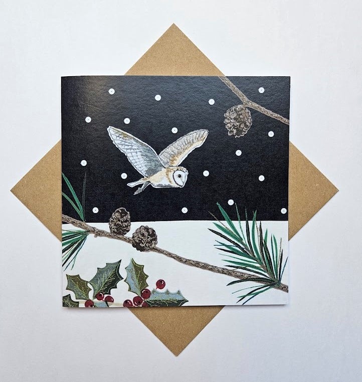 Barn owl in Snowy Scene, Christmas card, Winter birthday, holly, fir cones pine 