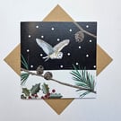 Barn owl in Snowy Scene, Christmas card, Winter birthday, holly, fir cones pine 