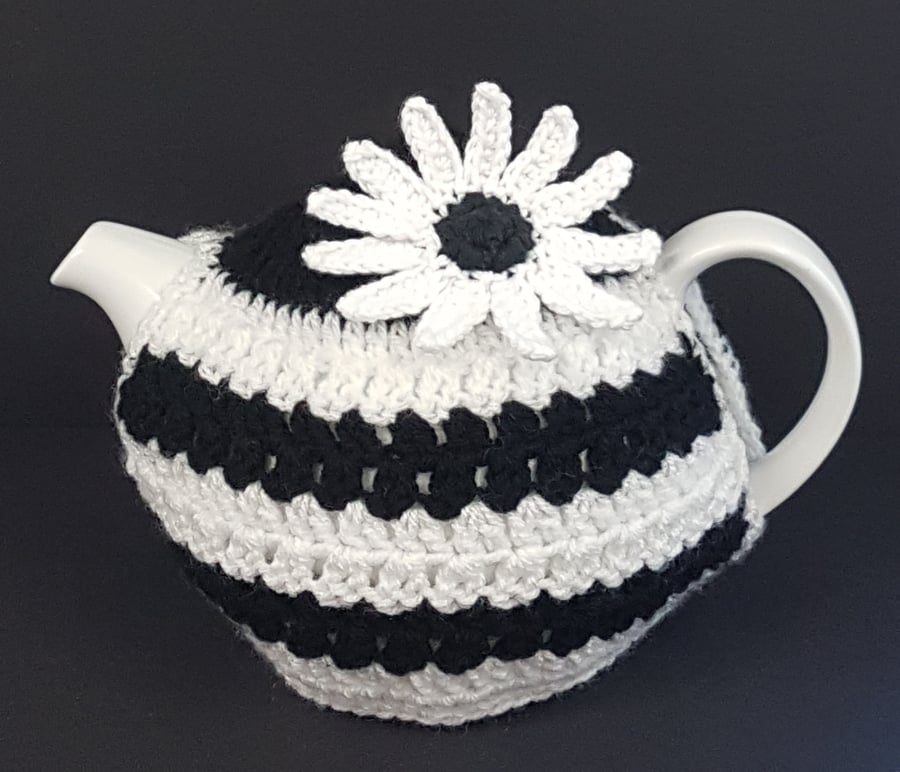 Black & White stripe tea cosy with flower