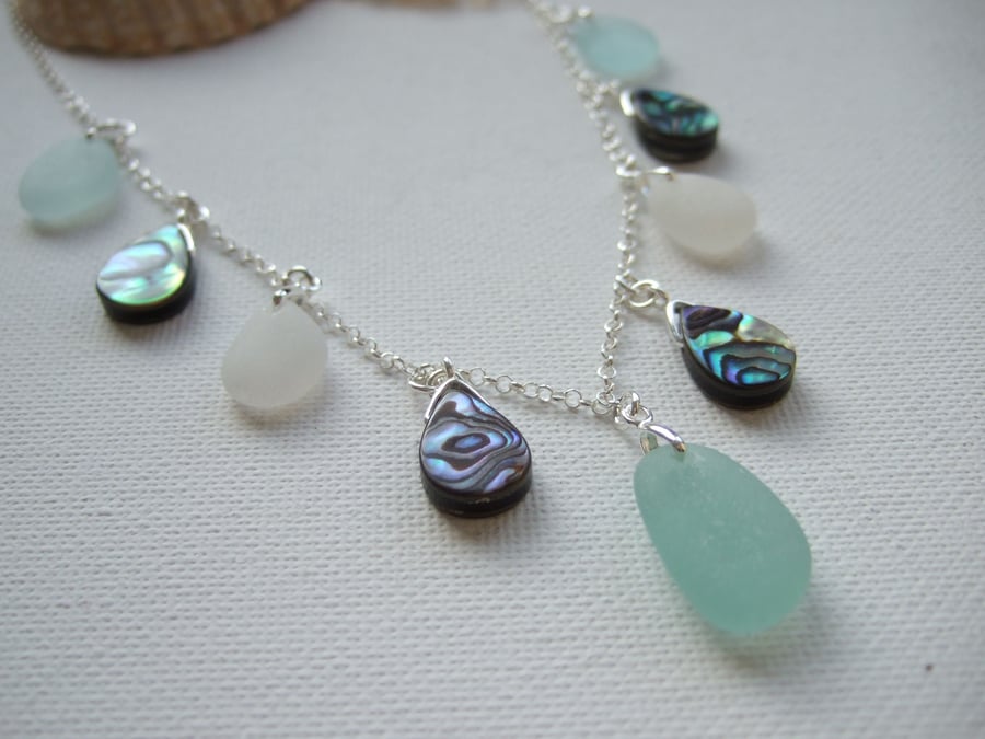 Seaham White Sea Foam Beach Glass Necklace, Abalone Shell Beads Sterling 18"