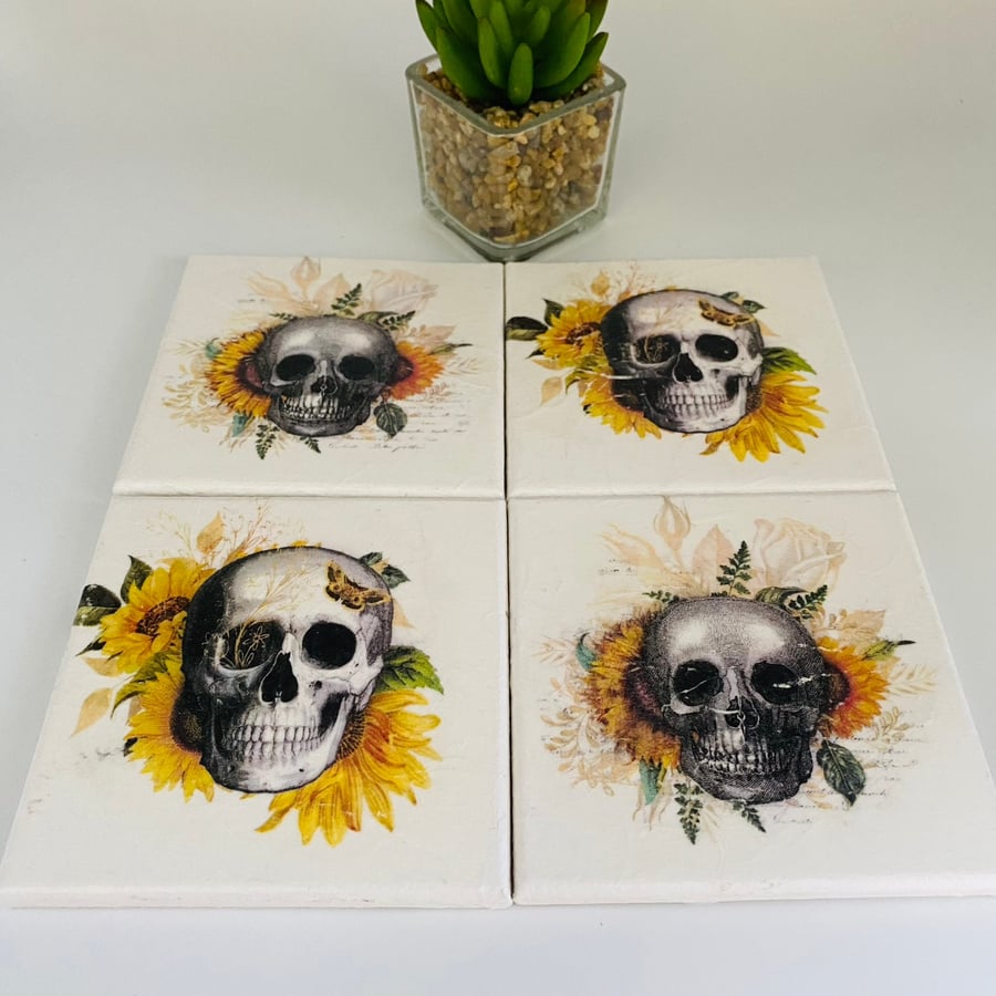 Skull floral coasters, set of four, wooden coasters, Gothic, halloween