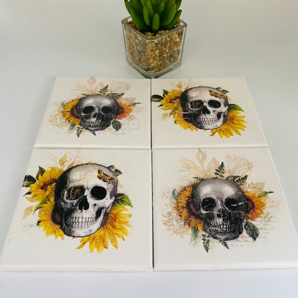 Skull floral coasters, set of four, wooden coasters, Gothic, halloween