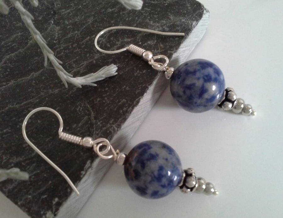 Sodalite Gemstone Large Rounds Tibetan Silver & Silver Plated Earrings