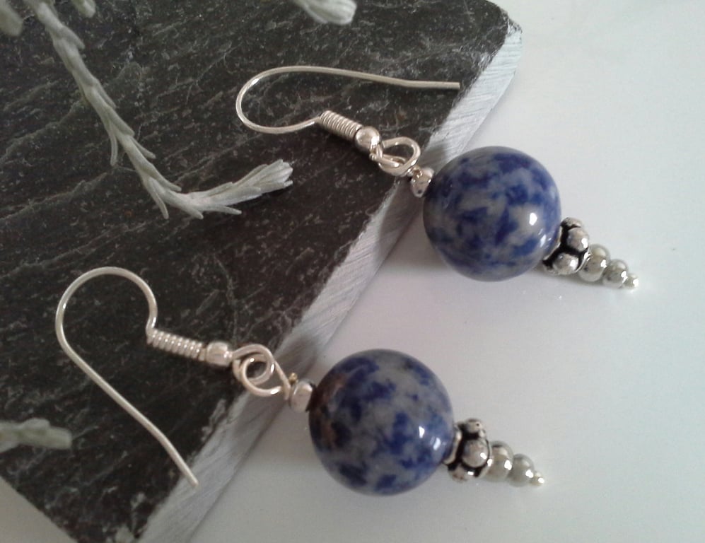 Designer Sodalite Gemstone Large Rounds Tibetan Silver & Silver Plated Earrings