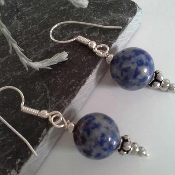 Sodalite Gemstone Large Rounds Tibetan Silver & Silver Plated Earrings