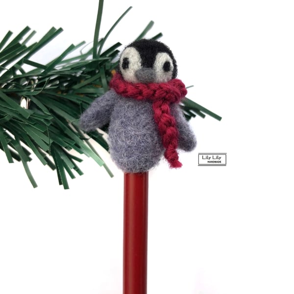 Penguin pencil topper (burgundy scarf), needle felted, SALE 