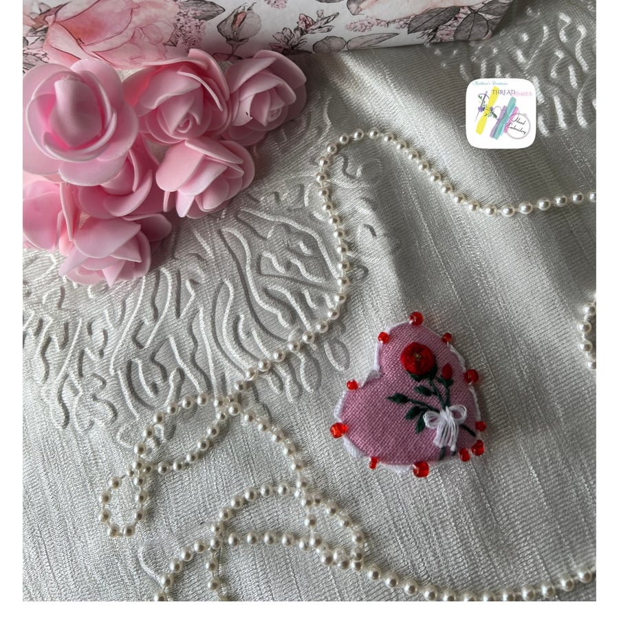 Hand Embroidered Brooch, rose design brooch, Valentine s Day gift , gift for her