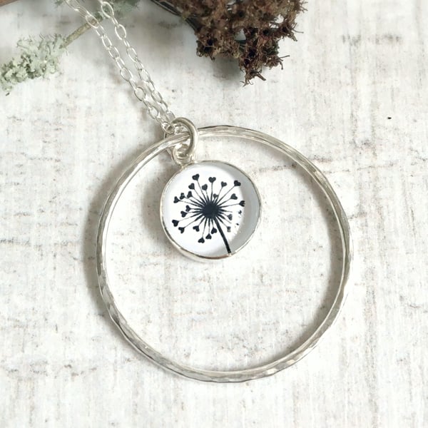 Sterling Silver Love Heart Dandelion Flower Seed Circle Loop Pendant  Necklace