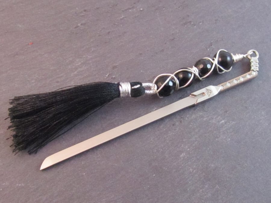 Black Agate Sword Bookmark, Wire Wrapped Bookmark