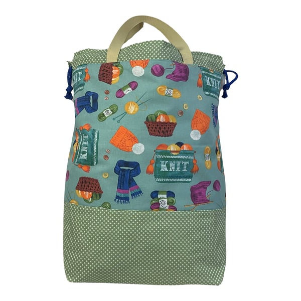 XXL drawstring knitting bag with knitting objects print, supersized multi pocket
