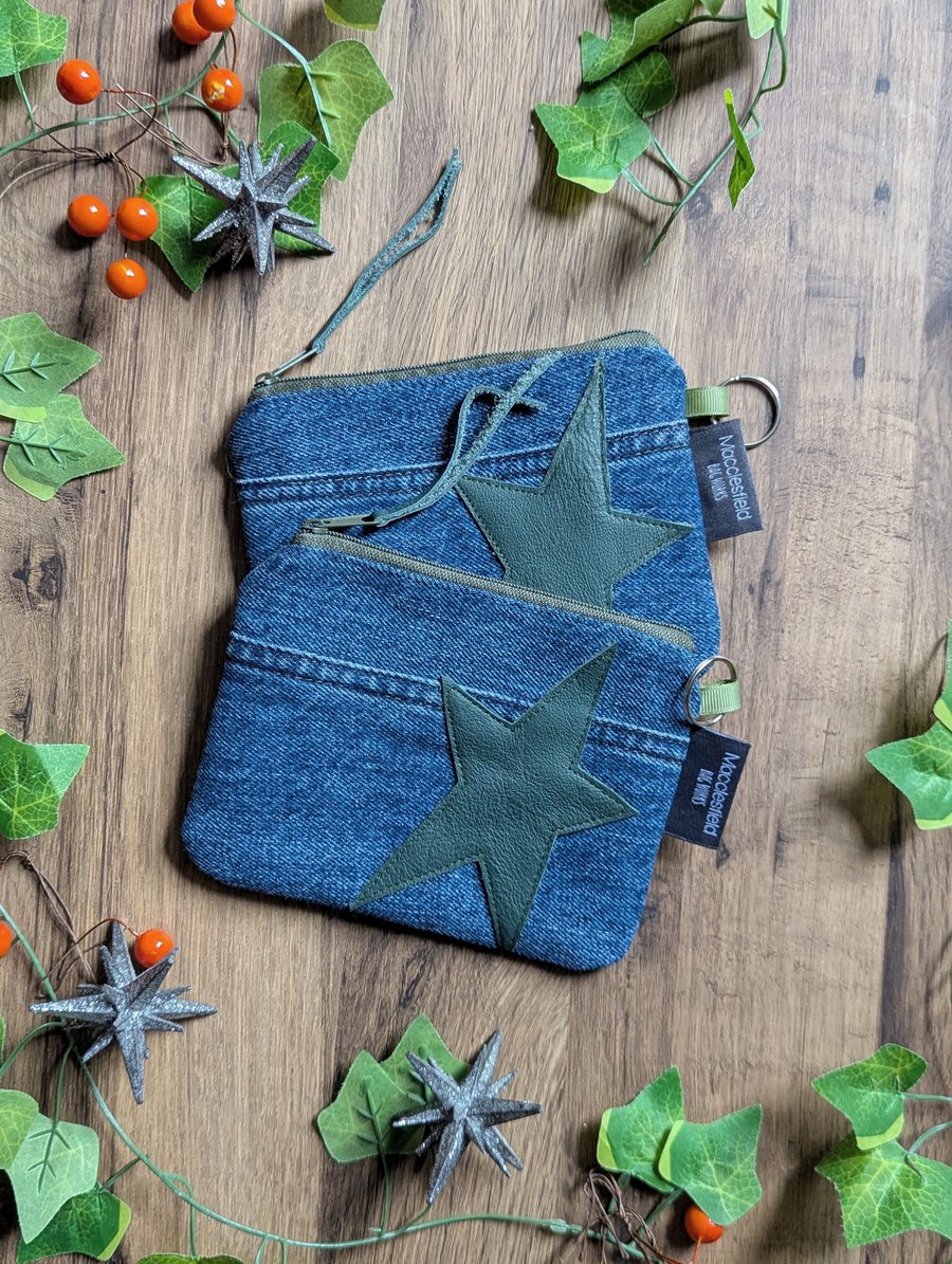 Denim Purse Pouch Purse, Pencil Case or Makeup Bag Dark Green Star 