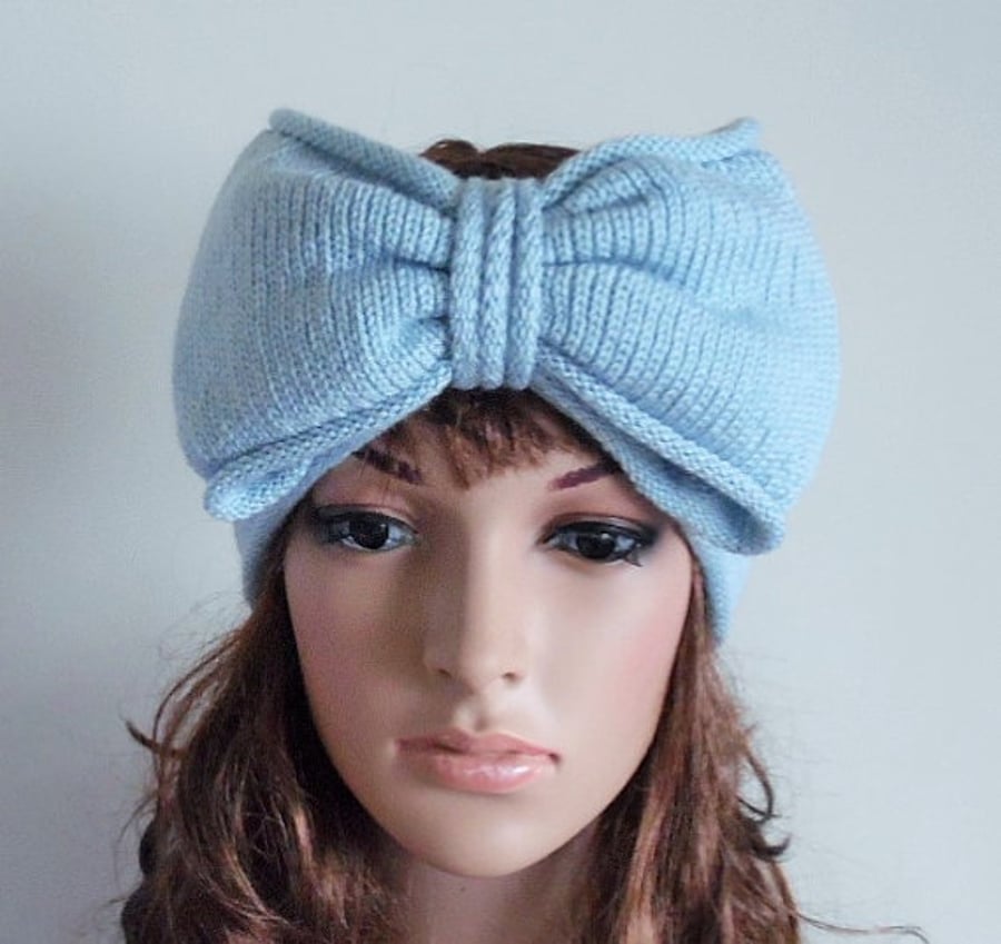 Handmade knitted large bow headband, wide fashionable headband