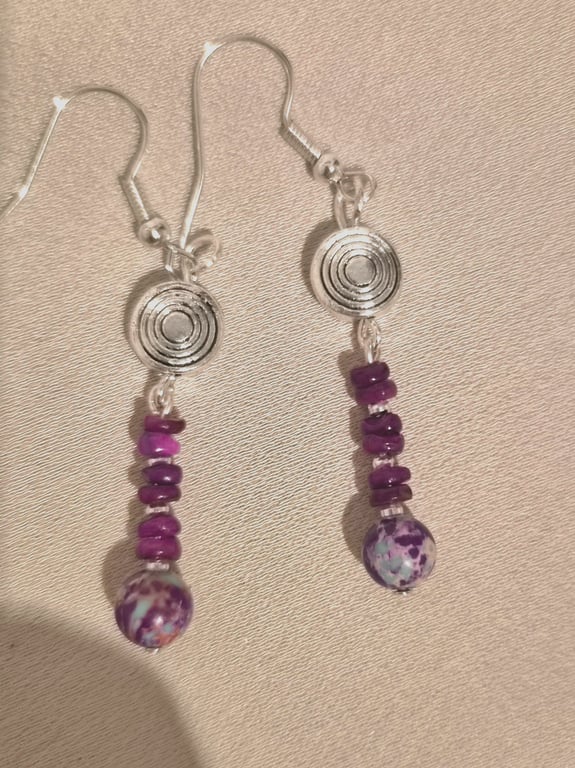 Purple, Blue and Silver Top Accent Drop Earrings