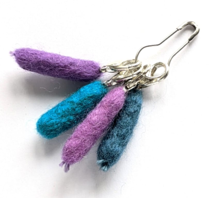 Felted stitch markers for knit or crochet - set of 4, teals and purples