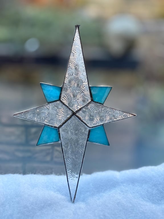 Stained glass Bethlehem star - Clear Florentine glass with deep turquioise quart
