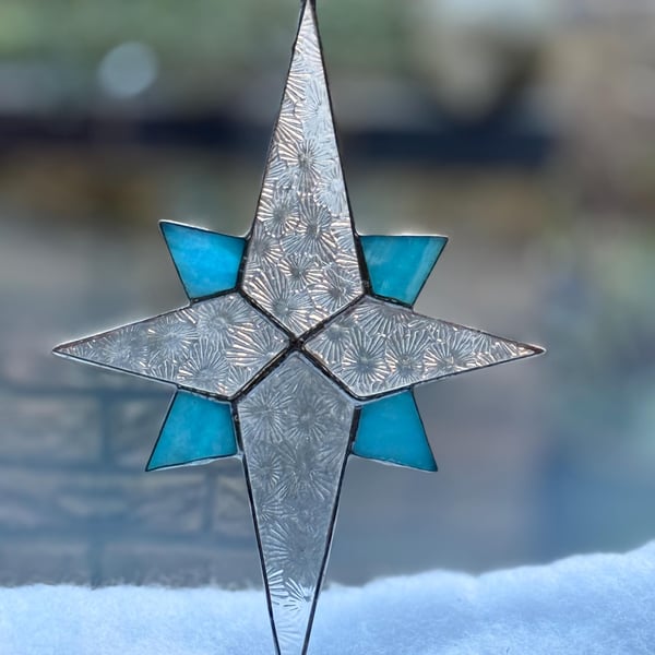 Stained glass Bethlehem star - Clear Florentine glass with deep turquioise quart