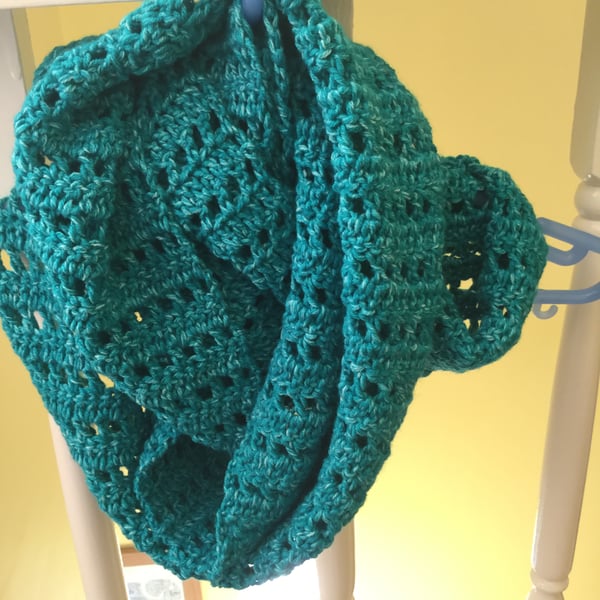Teal with White Flecks Crocheted Infinity  Scarf 