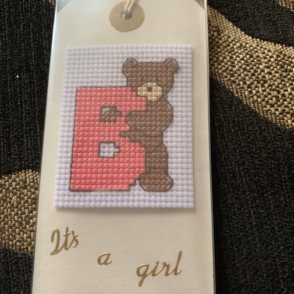 Cross stitched B bear gift tag. New baby gift tag , its a girl gift tag