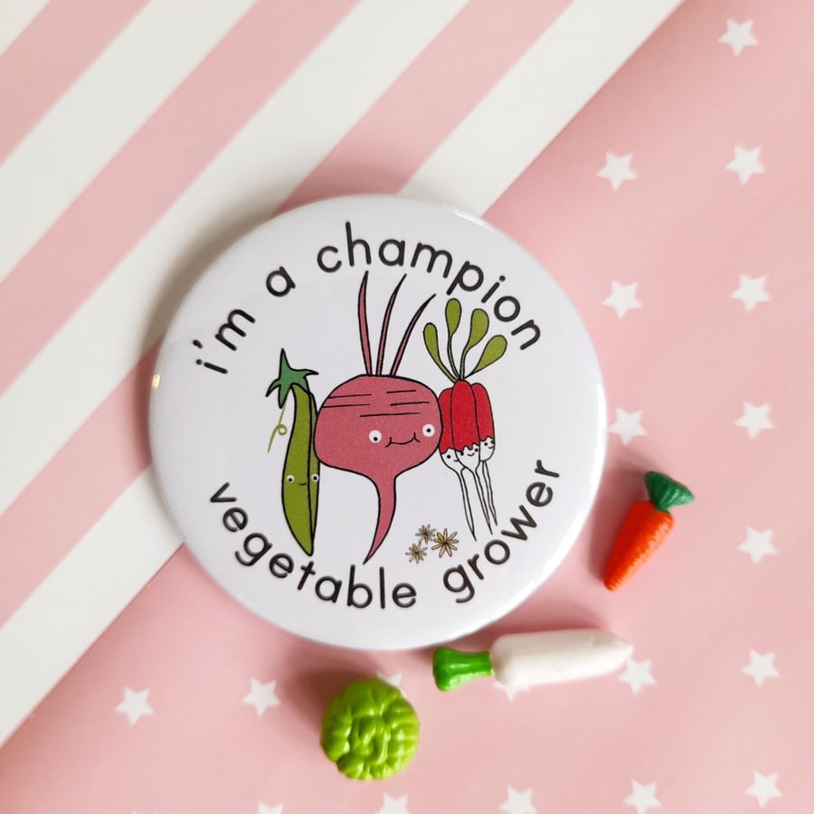 champion vegetable grower 58mm pin badge, handmade gardening badge