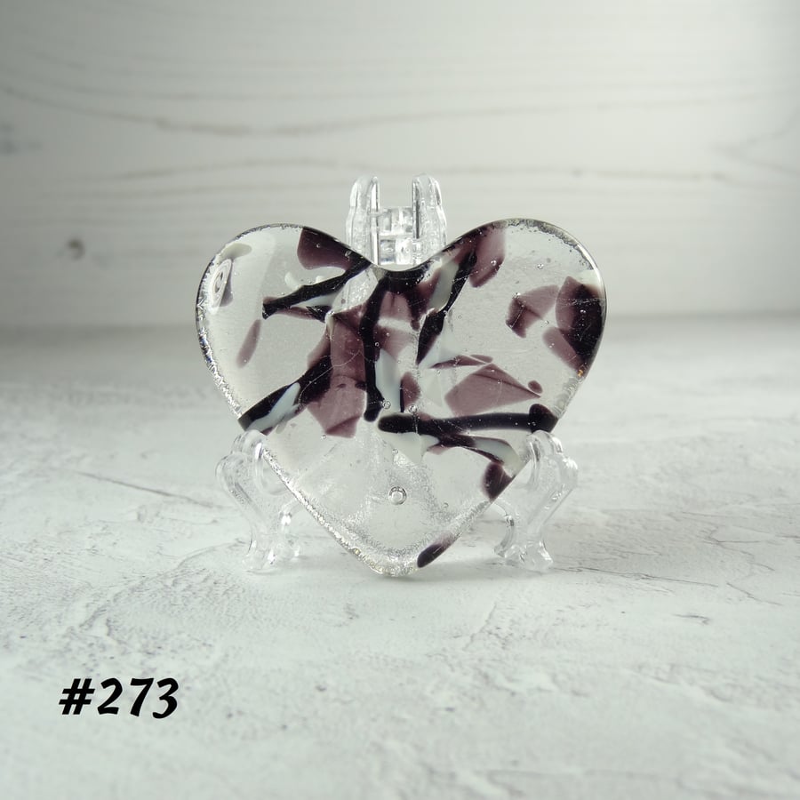 Fused glass purple heart pocket hug with stand 5x4.5cm, handcrafted (273)