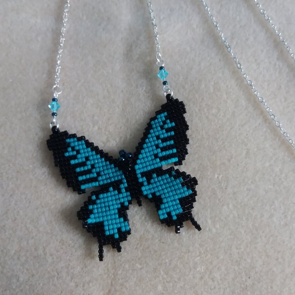 Beaded Butterfly Necklace - Black and Turquoise Blue