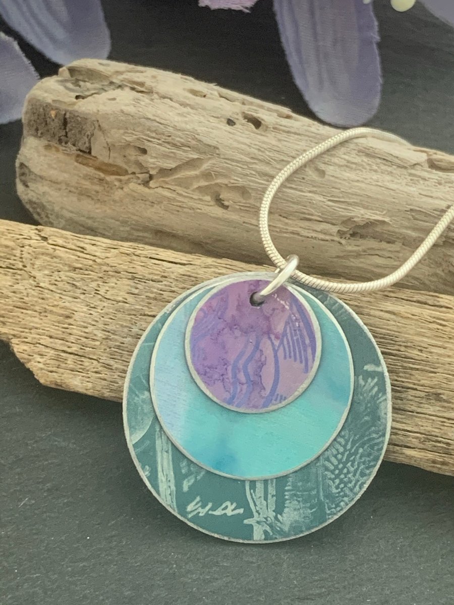 Water colour collection - hand painted aluminium pendant, teal, grey & lilac