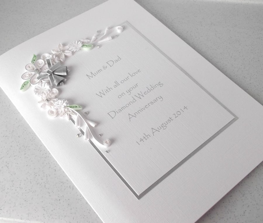 Diamond 60th wedding anniversary card handmade with quilled flowers