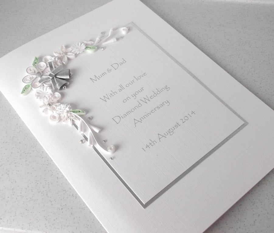 Diamond 60th wedding anniversary card handmade with quilled flowers