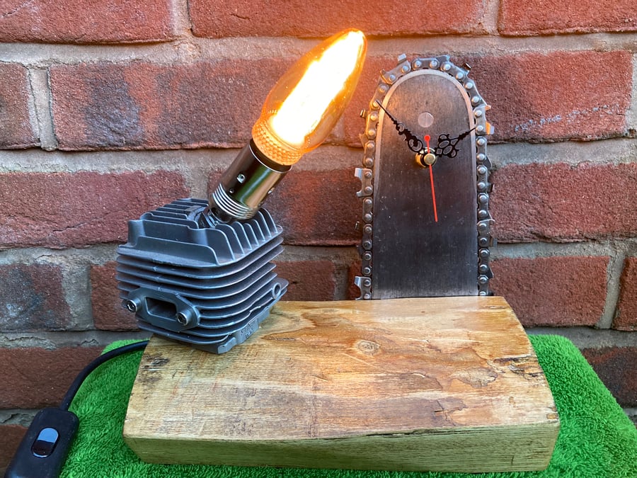 Chainsaw Themed Table Lamp and Clock Combo, Mounted on Live Edge Log Base