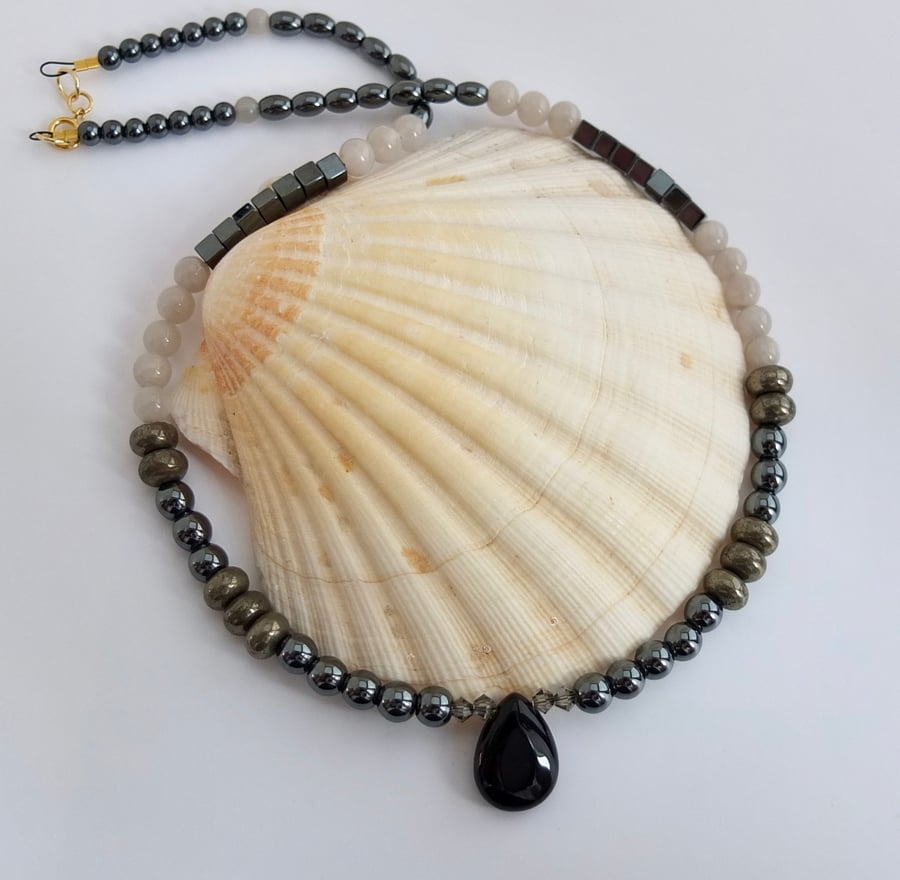  Hematite, Pyrite and Grey Jade Necklace with Onyx Teardrop & Swarovski Crystals